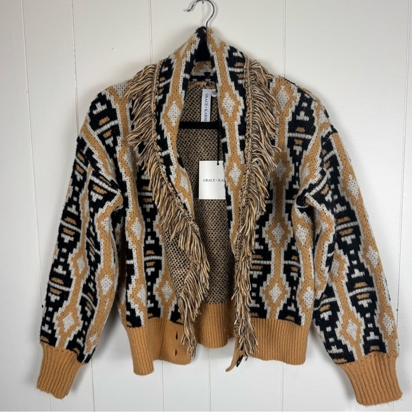 Grace + Karma Fringe Knit Cardigan Sweater Small Aztec Boho Southwest Style - Picture 9 of 10